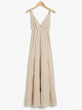 Beige V-Neck Tiered Maxi Dress - Unbranded